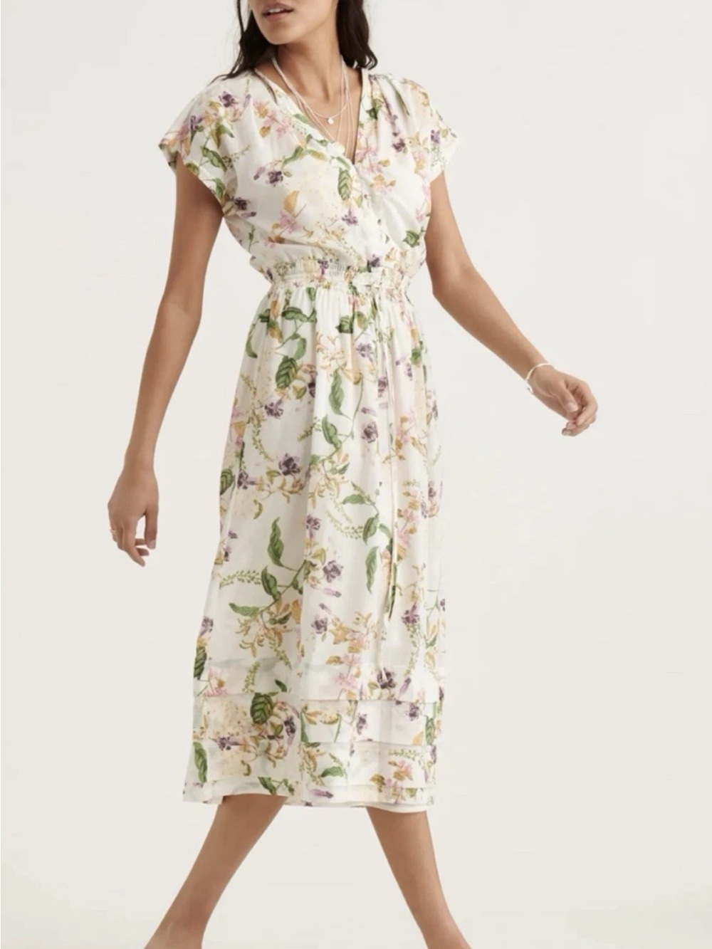Lucky Brand Floral Smocked Waist V Neck Midi Dress Cottagecore Size M